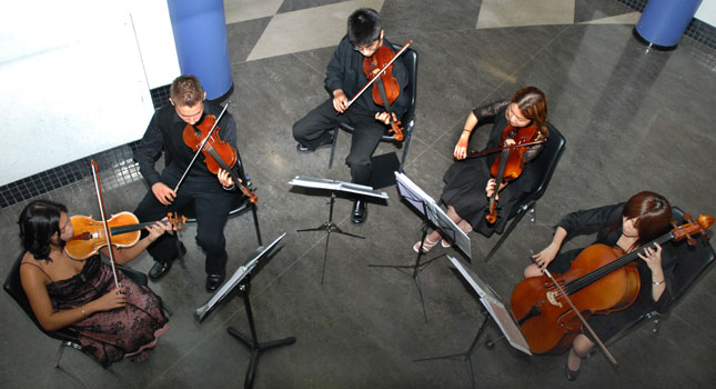 Arioso Strings performs at Kwantlen's inaugeration ceremony concert held at the Richmond campus on Oct. 3. L-R: Stephanie Lowe; Paul Luongo; Kevin Young (extra member for special events); Jinhee Park; Eva Ying. (Rachelle Ashe photo)