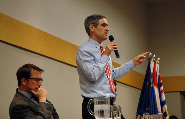 Scott Brisson (left) and Michael Ignatieff, during the Liberal leader's speech to students Jan. 15. (Nick Majors photo)