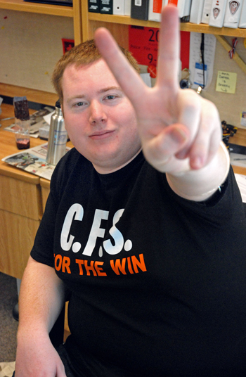 Derek Robertson holds up the victory sign after the BC Supreme Court ruled in favour of the KSA, ordering him to be accepted as Kwantlen's representative on the CFS-BC's board of directors immediately. (Sarah Jackson photo)